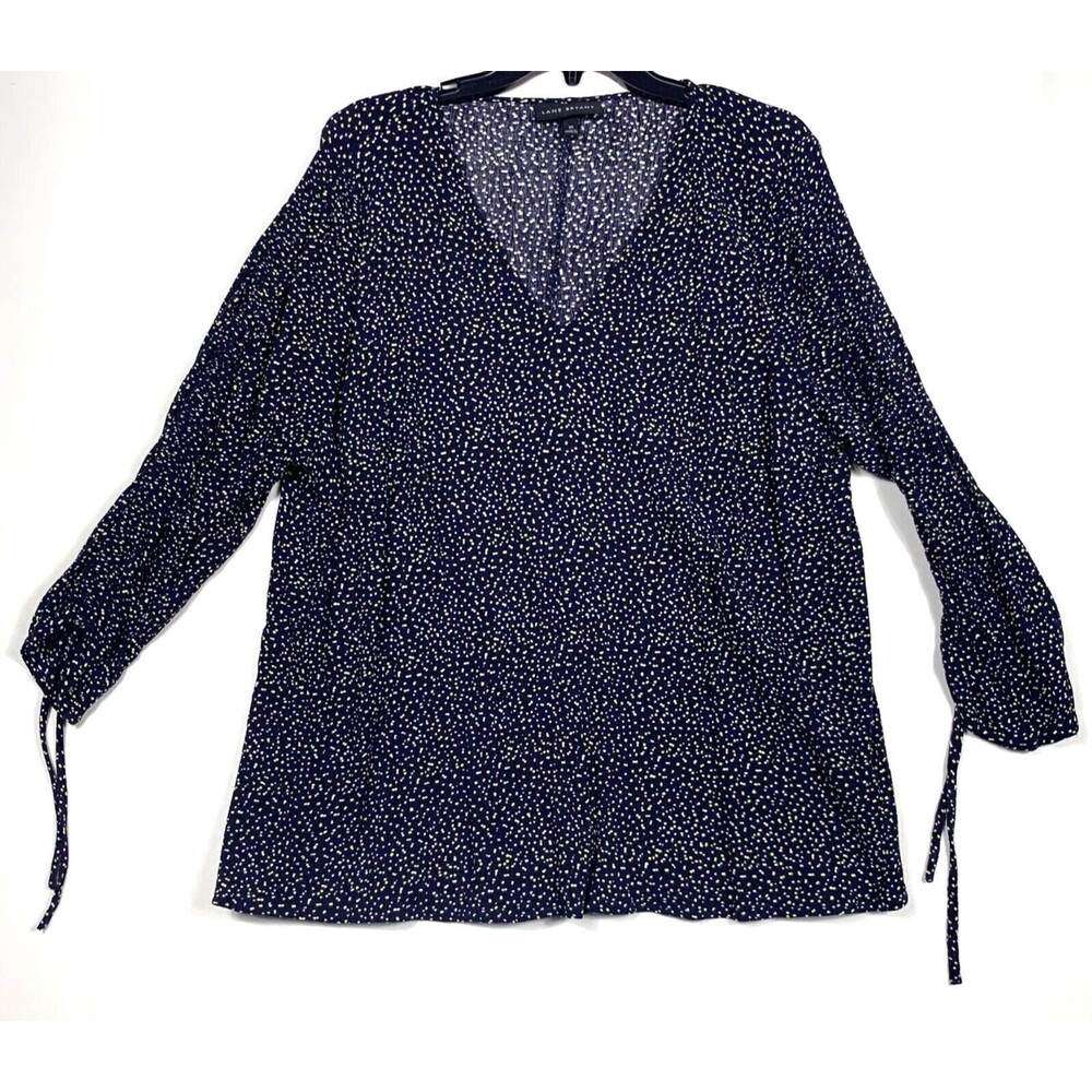 Lane Bryant Blue Shirt Womens Size 20 White Dot Smocked Tie Long Sleeve V Neck